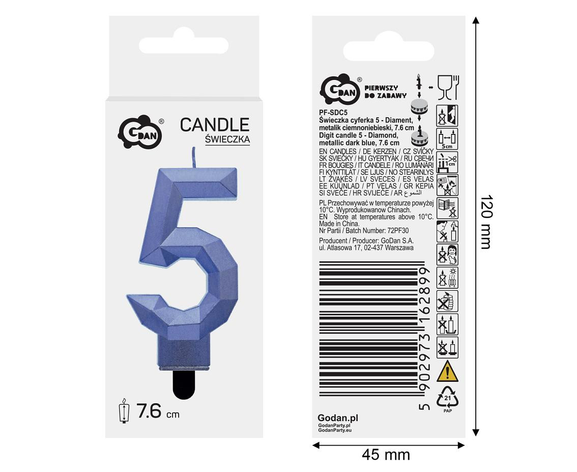 Digit candle 5 - Diamond , metallic dark blue, 7.6 cm EOL