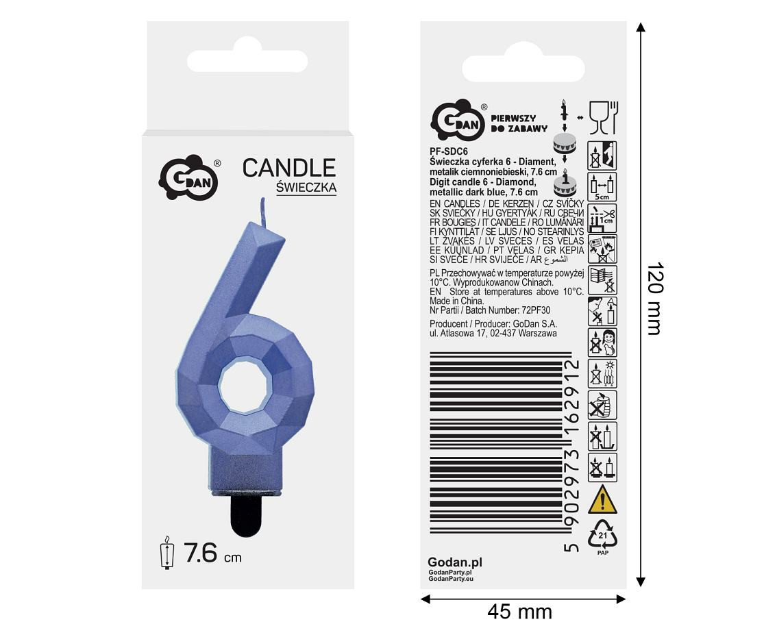 Digit candle 6 - Diamond , metallic dark blue, 7.6 cm EOL