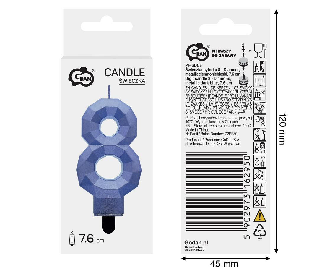 Digit candle 8 - Diamond , metallic dark blue, 7.6 cm EOL