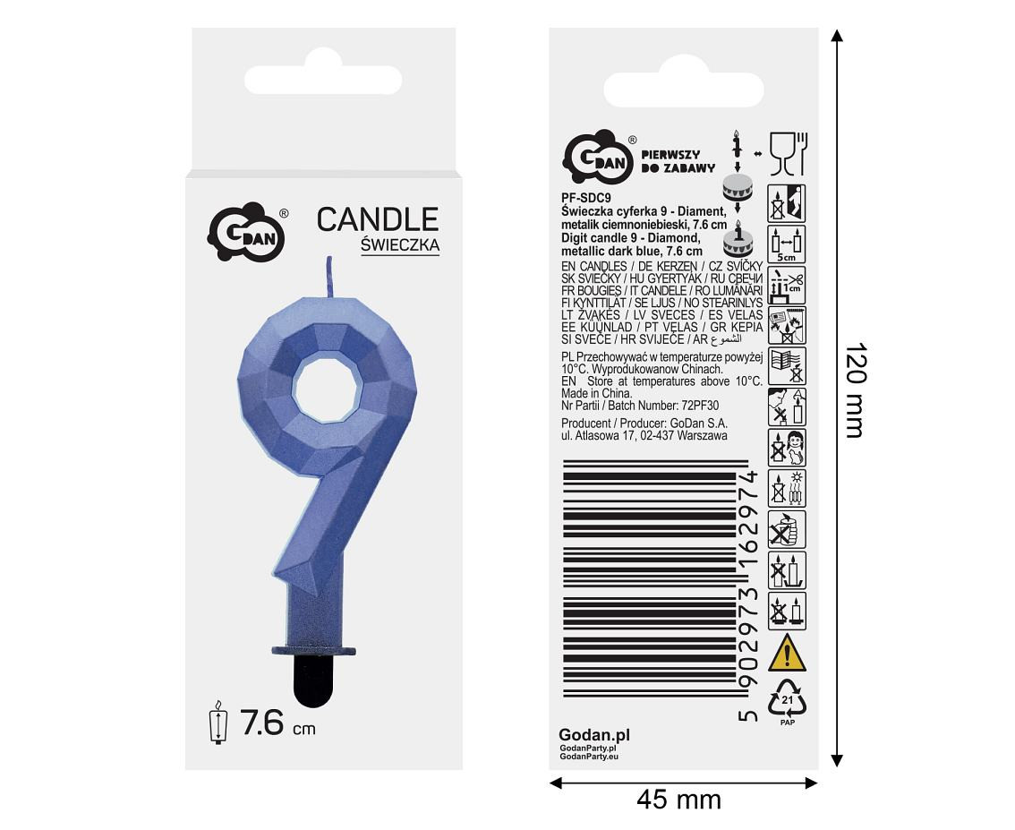 Digit candle 9 - Diamond , metallic dark blue, 7.6 cm EOL
