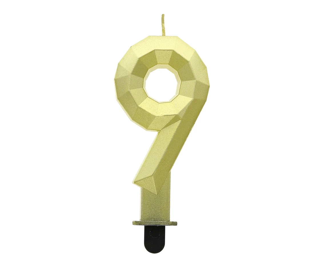 Digit candle 9 - Diamond , metallic gold, 7.6 cm