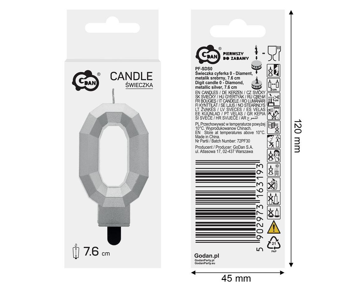 Digit candle 0 - Diamond , metallic silver, 7.6 cm