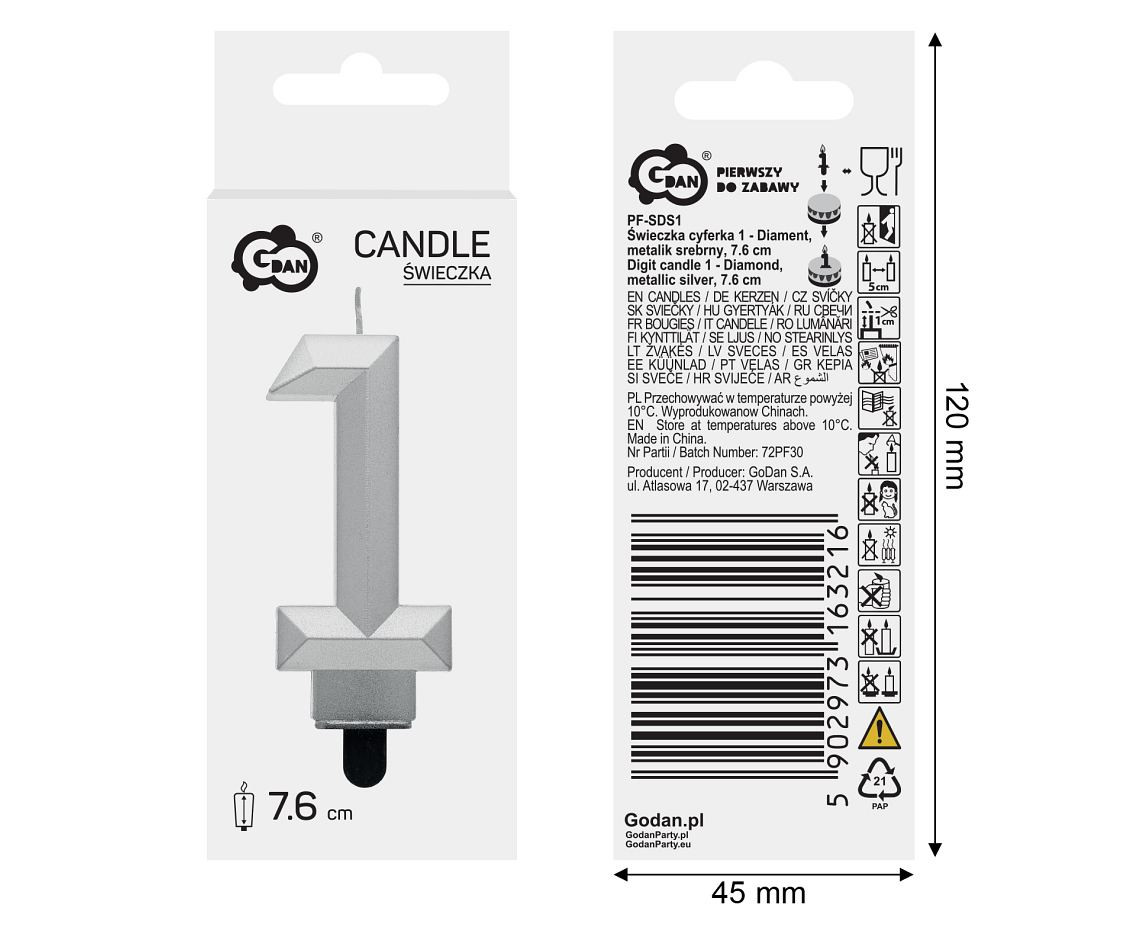 Digit candle 1 - Diamond , metallic silver, 7.6 cm