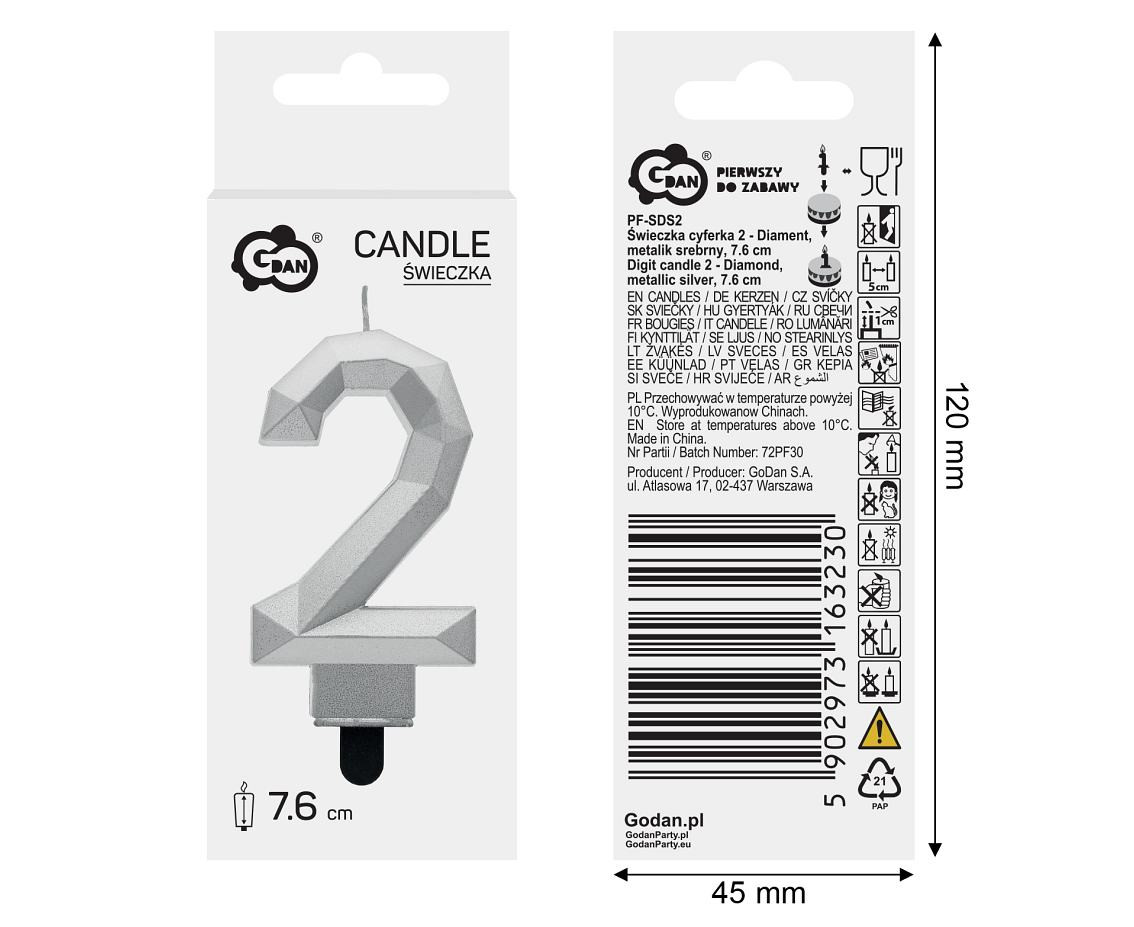 Digit candle 2 - Diamond , metallic silver, 7.6 cm