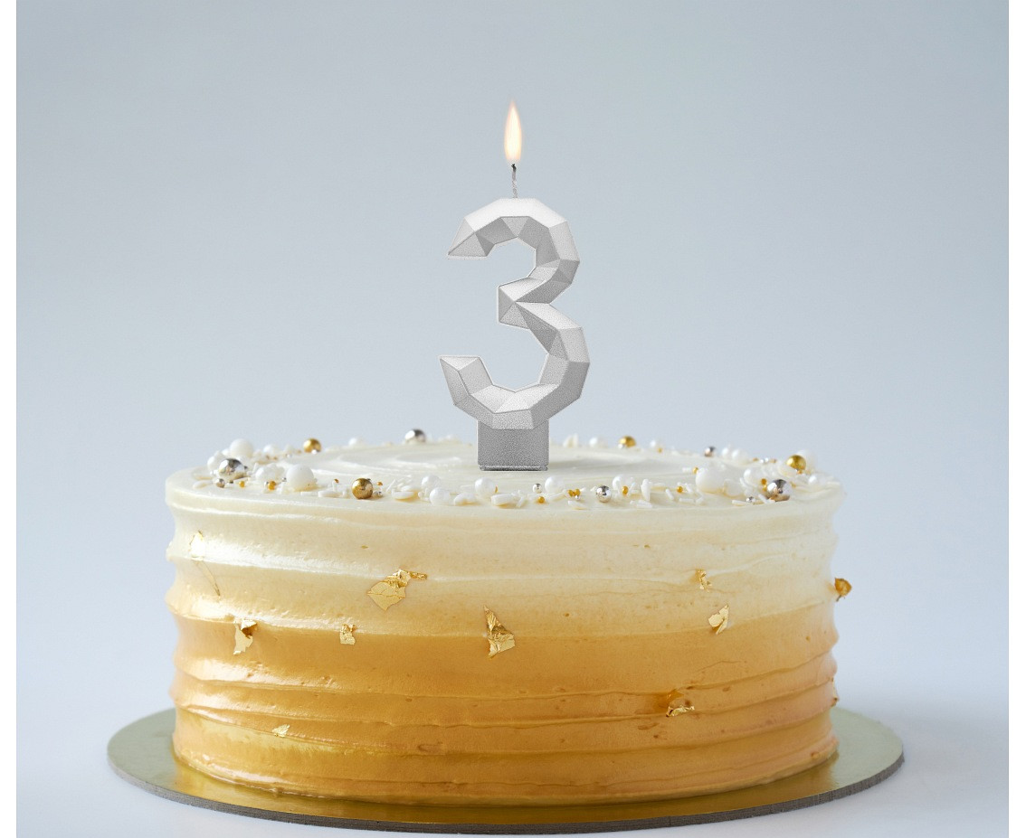 Digit candle 3 - Diamond , metallic silver, 7.6 cm