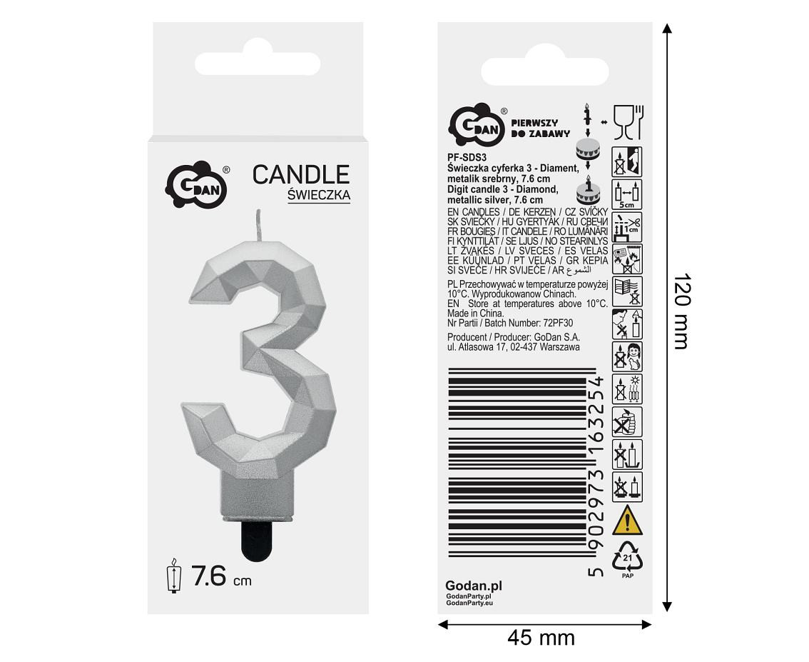 Digit candle 3 - Diamond , metallic silver, 7.6 cm