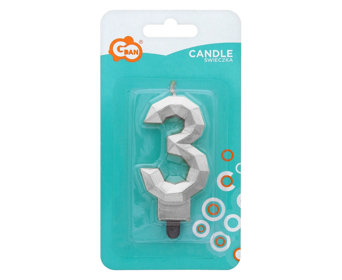 Digit candle 3 - Diamond , metallic silver, 7.6 cm