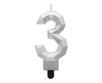 Digit candle 3 - Diamond , metallic silver, 7.6 cm