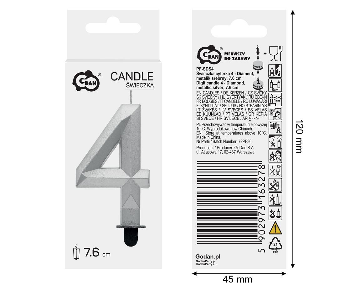 Digit candle 4 - Diamond , metallic silver, 7.6 cm
