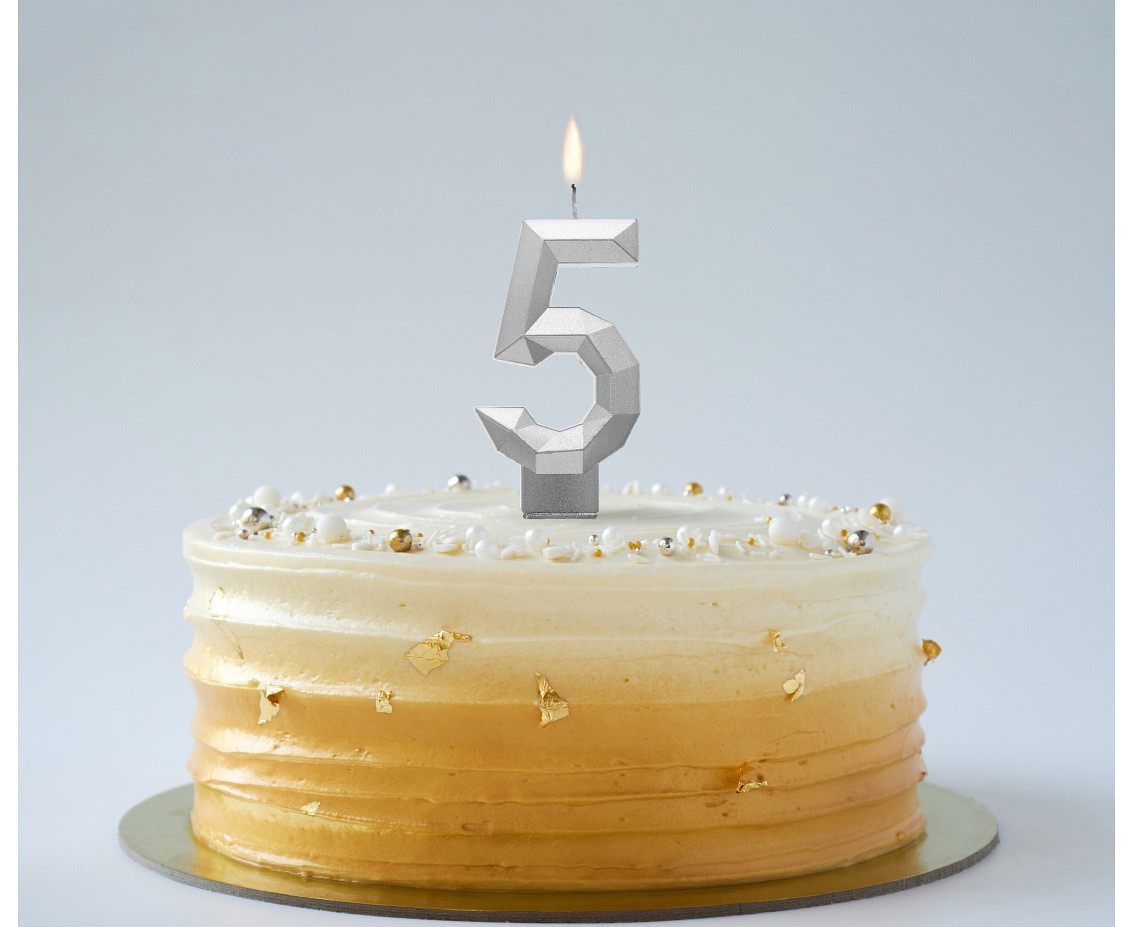 Digit candle 5 - Diamond , metallic silver, 7.6 cm