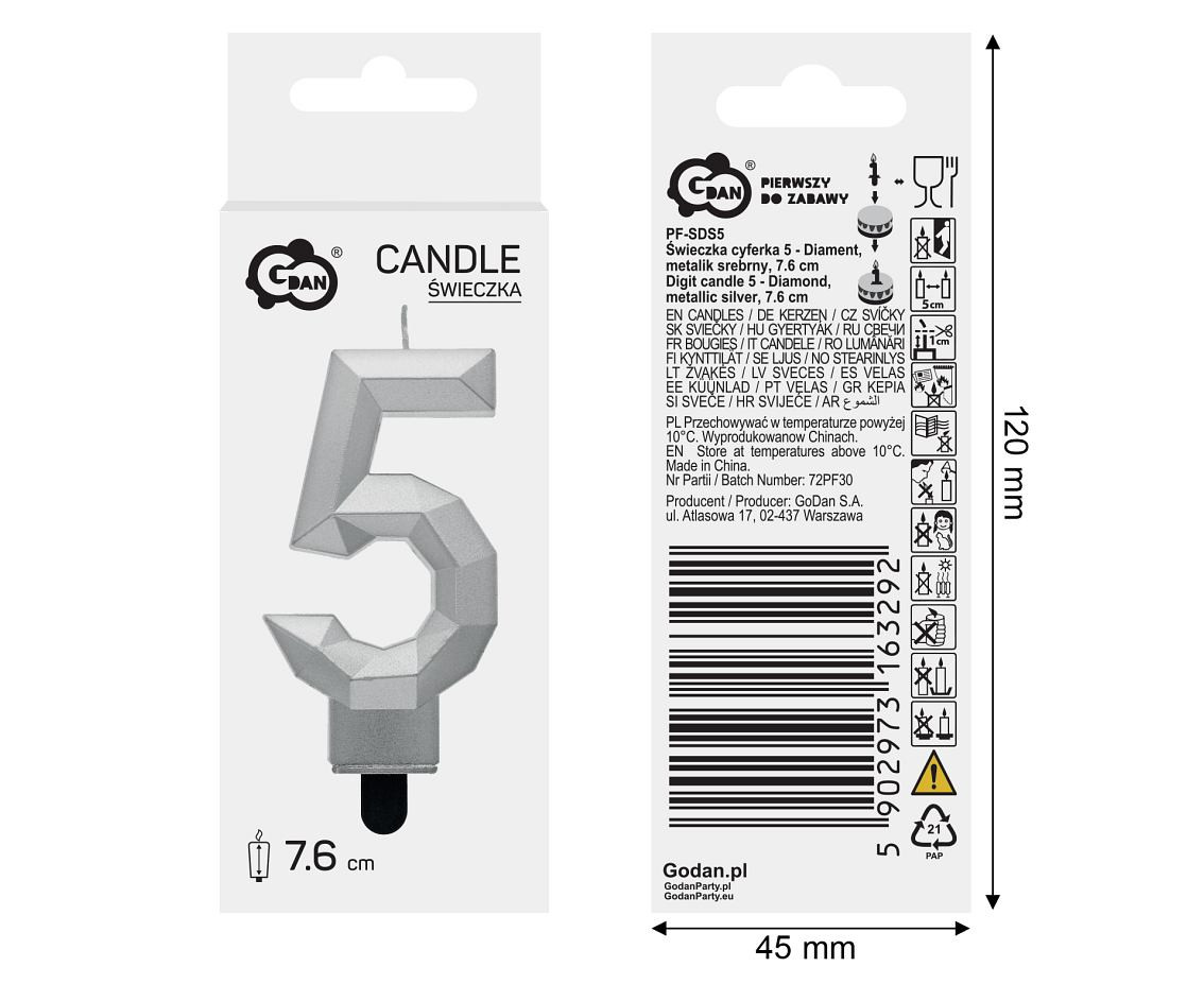 Digit candle 5 - Diamond , metallic silver, 7.6 cm