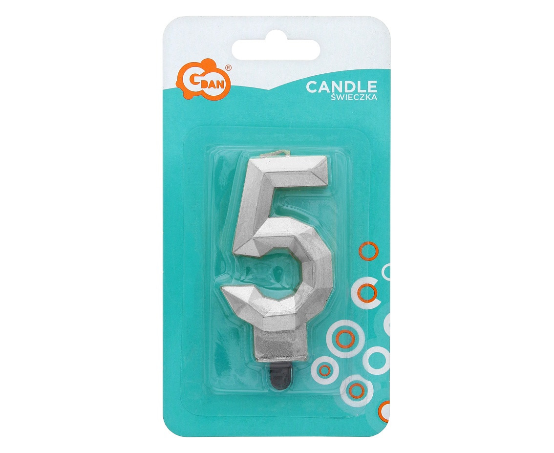 Digit candle 5 - Diamond , metallic silver, 7.6 cm