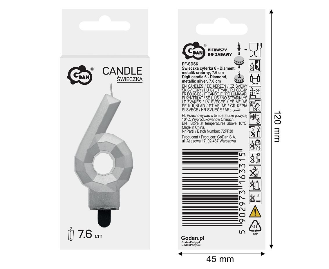 Digit candle 6 - Diamond , metallic silver, 7.6 cm