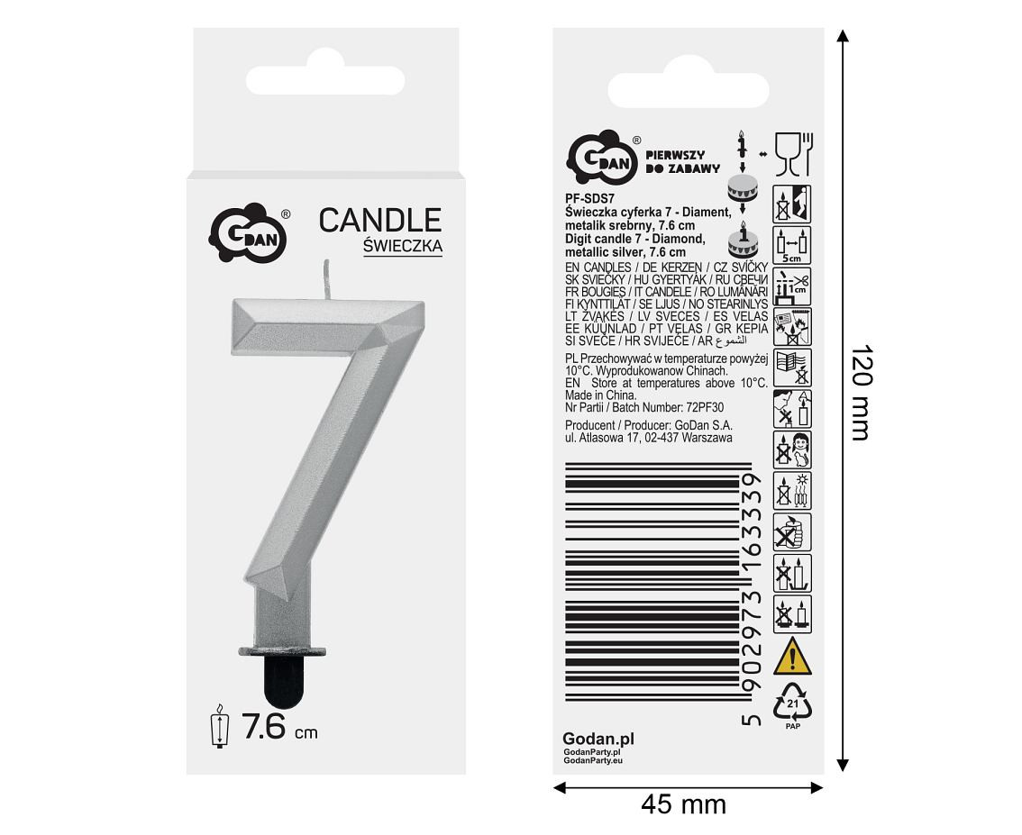 Digit candle 7 - Diamond , metallic silver, 7.6 cm