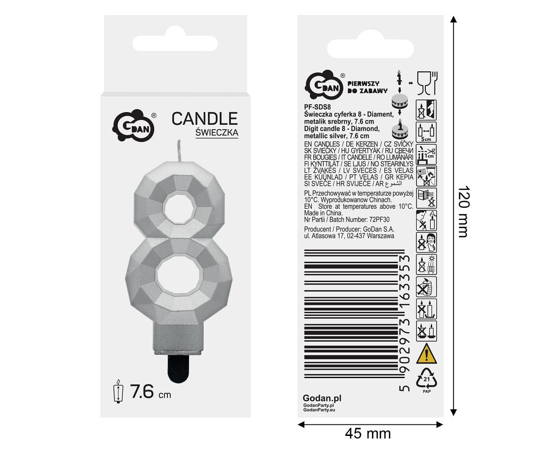 Digit candle 8 - Diamond , metallic silver, 7.6 cm