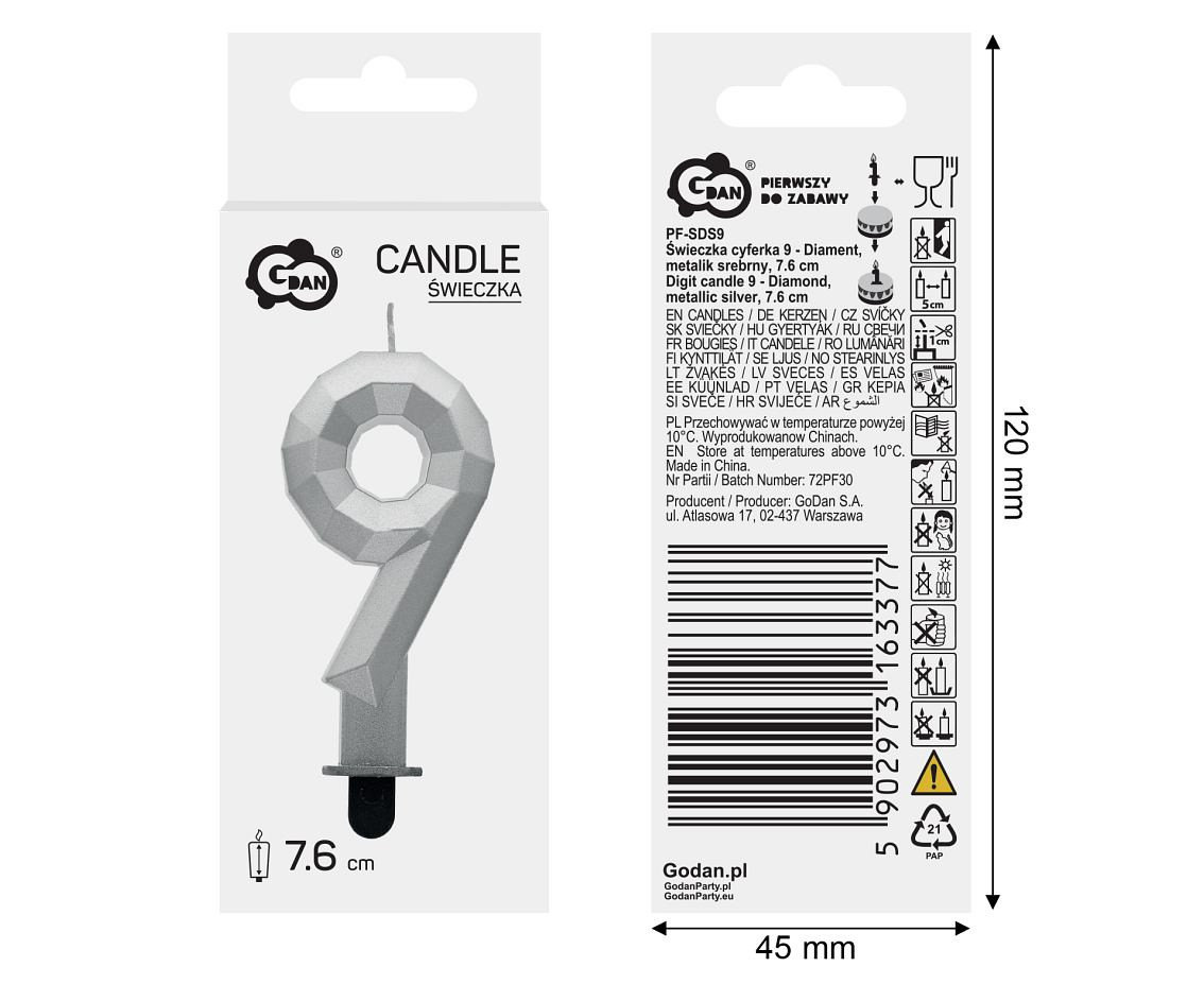 Digit candle 9 - Diamond , metallic silver, 7.6 cm