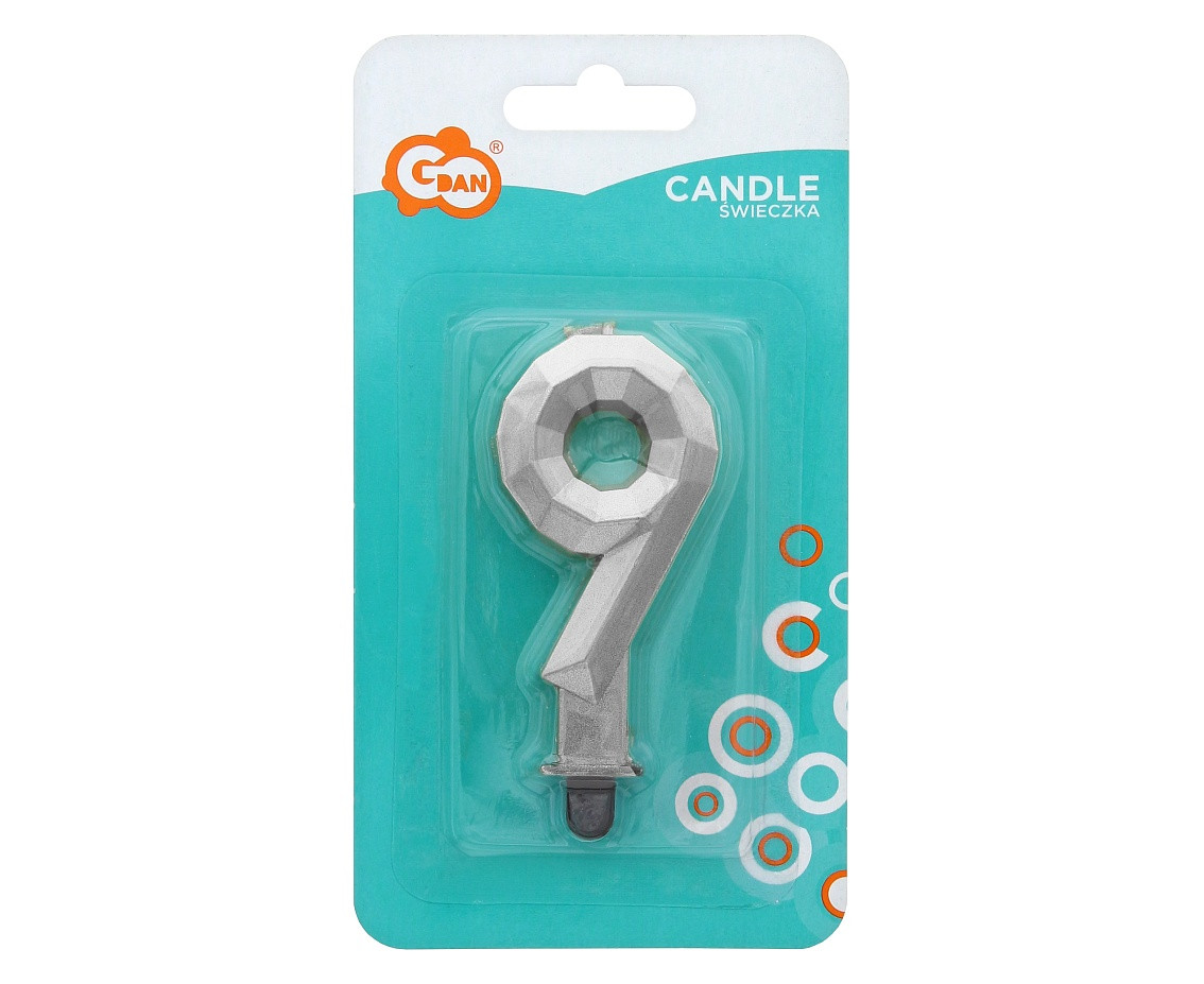 Digit candle 9 - Diamond , metallic silver, 7.6 cm