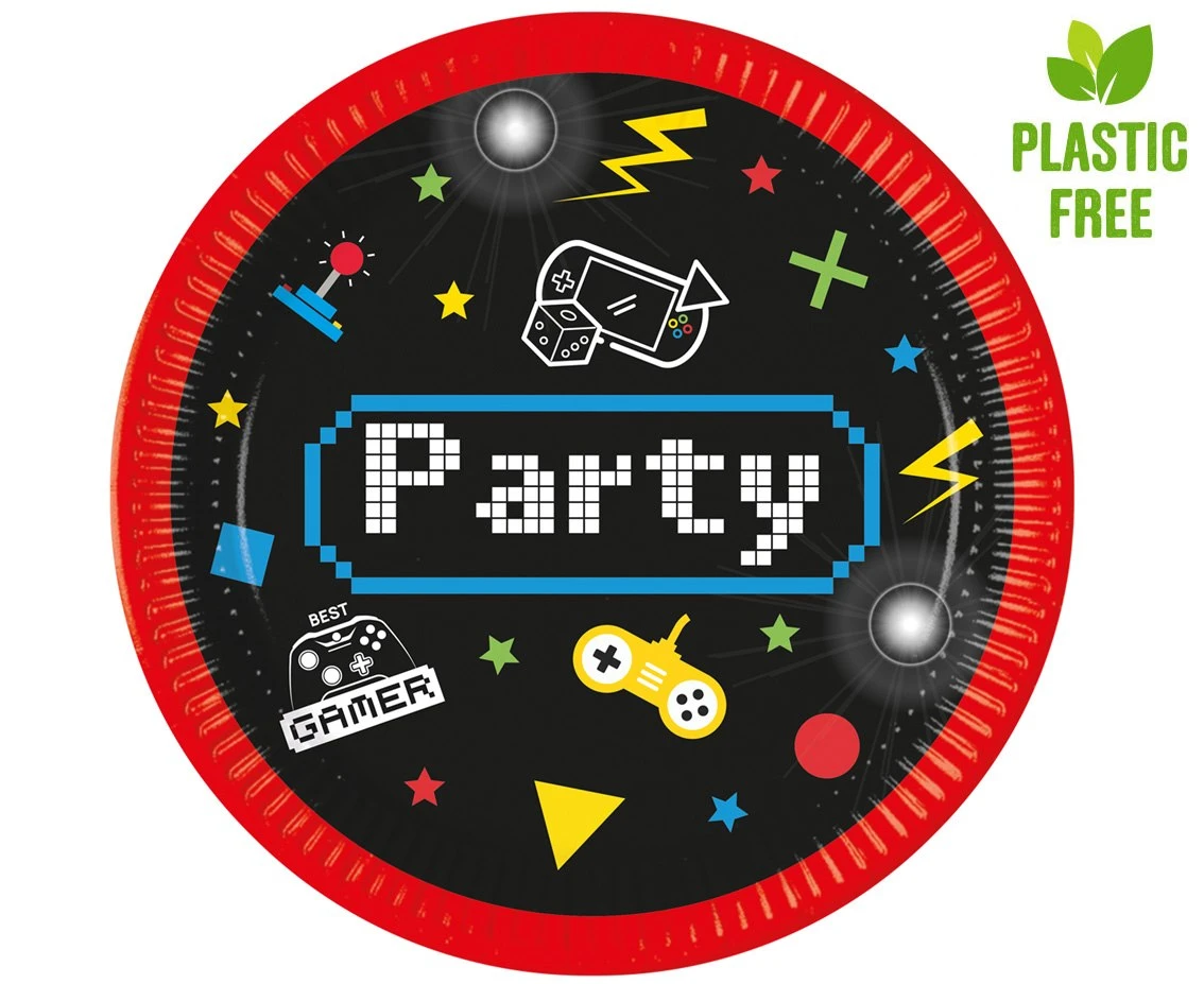Gaming party paper plates, 23 cm, 8 pcs (plastic-free) EOL