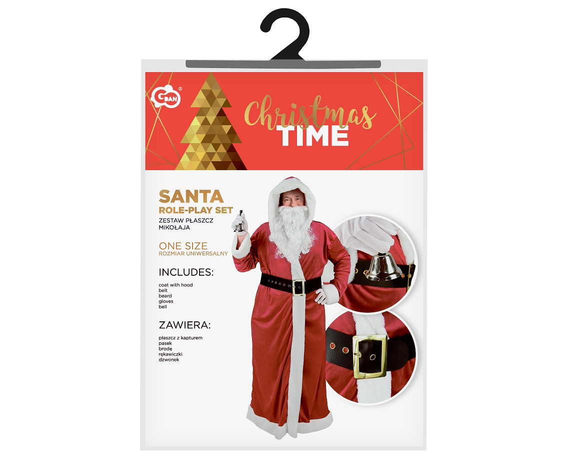 Santa role-play set, (coat with hood, belt, beard, gloves, bell), one size