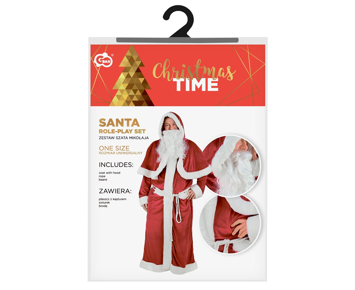 Santa role-play set, (coat with hood, rope, beard), one size