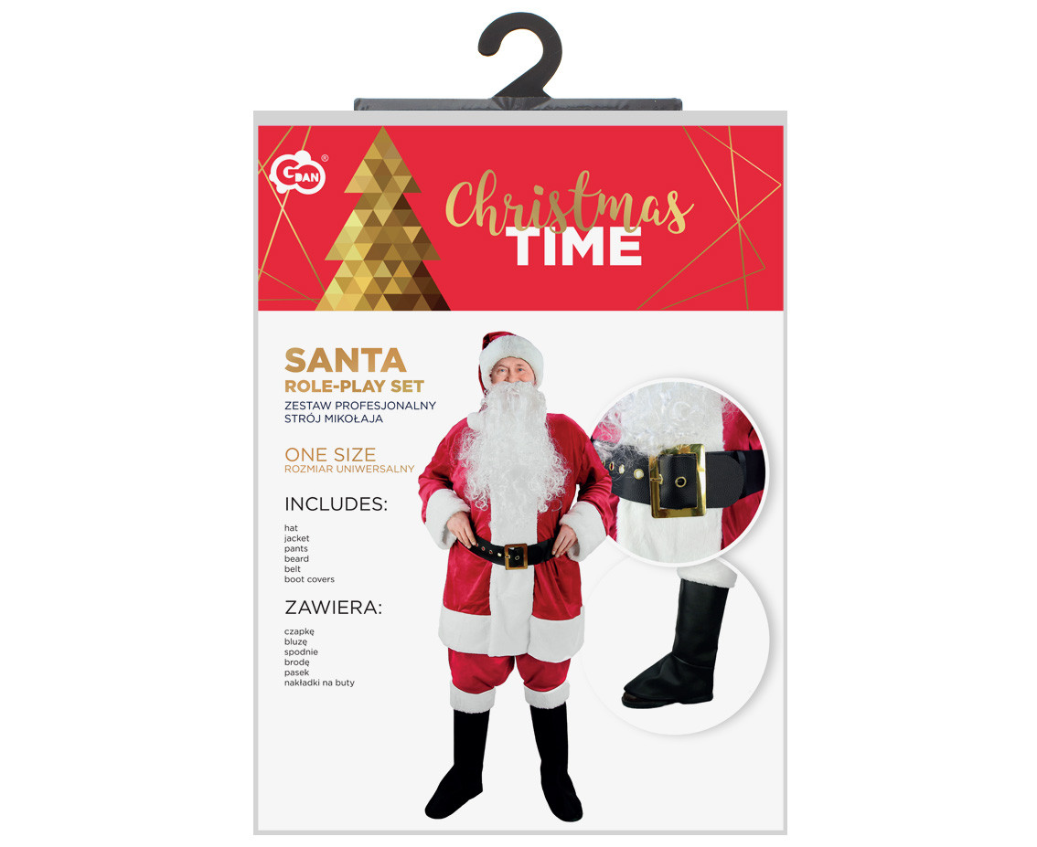 Santa role-play set, (hat, jacket, pants, beard, belt, boot covers), one size