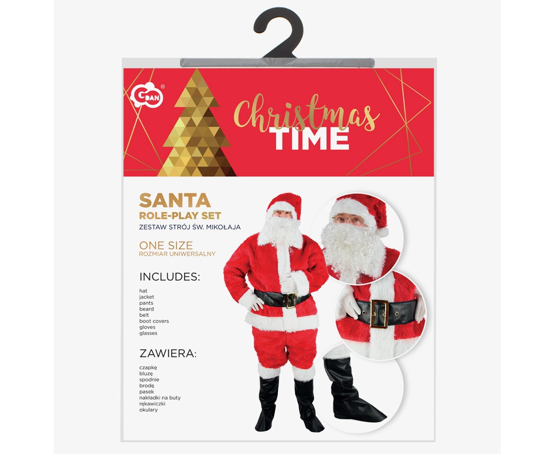 Santa role-play set, (hat, jacket, pants, beard, belt, boot covers, gloves, glasses), one size