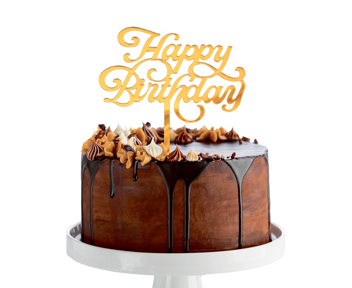 Acrylic cake topper Happy Birthday, gold, 11x15 cm