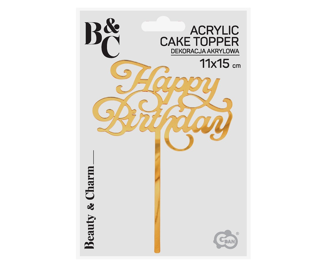 Acrylic cake topper Happy Birthday, gold, 11x15 cm