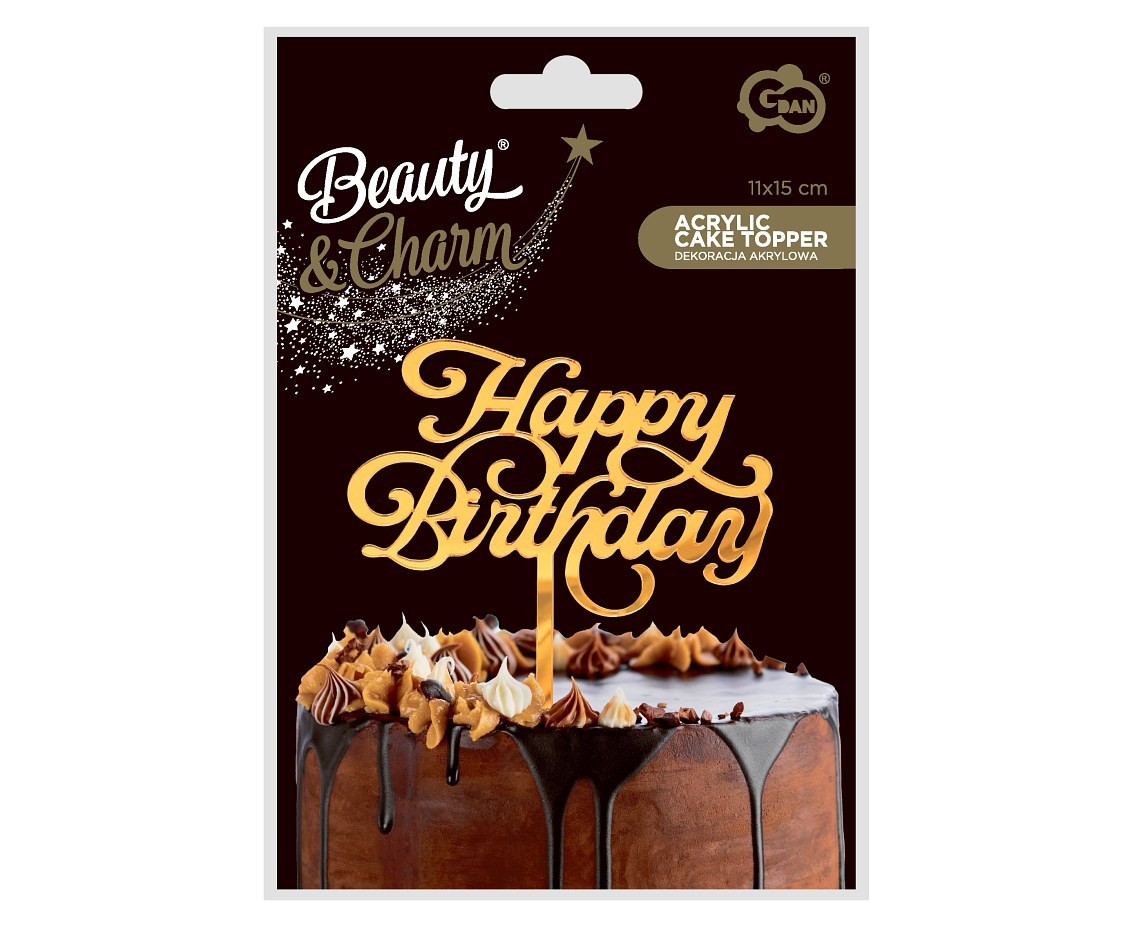 Acrylic cake topper Happy Birthday, gold, 11x15 cm