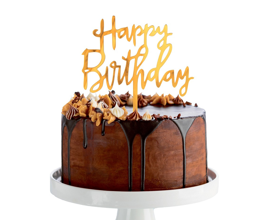 Acrylic cake topper Happy Birthday, gold, 14x10 cm