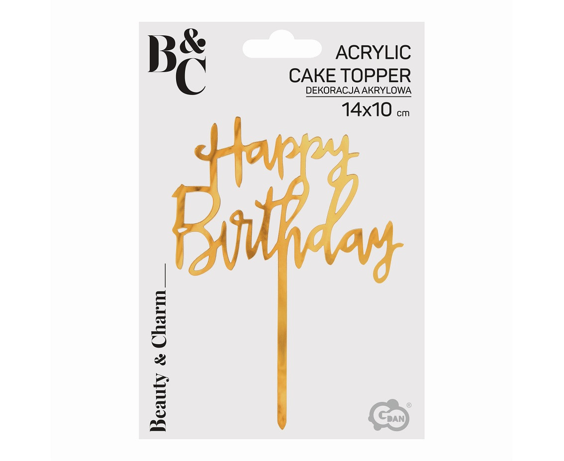 Acrylic cake topper Happy Birthday, gold, 14x10 cm