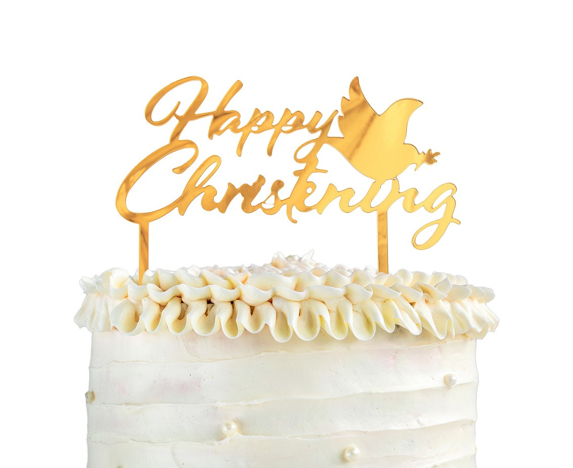 Acrylic cake topper Happy Christening, gold, 12x16 cm