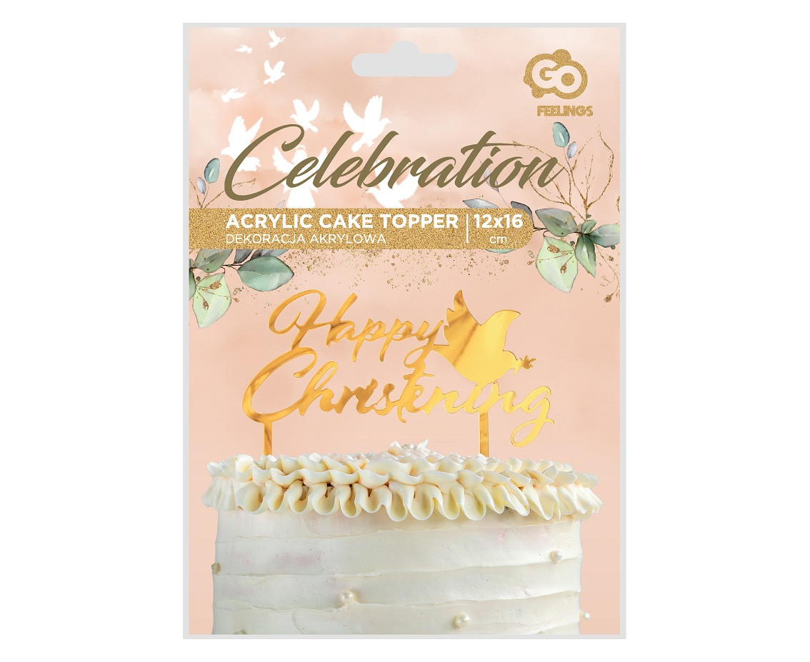 Acrylic cake topper Happy Christening, gold, 12x16 cm