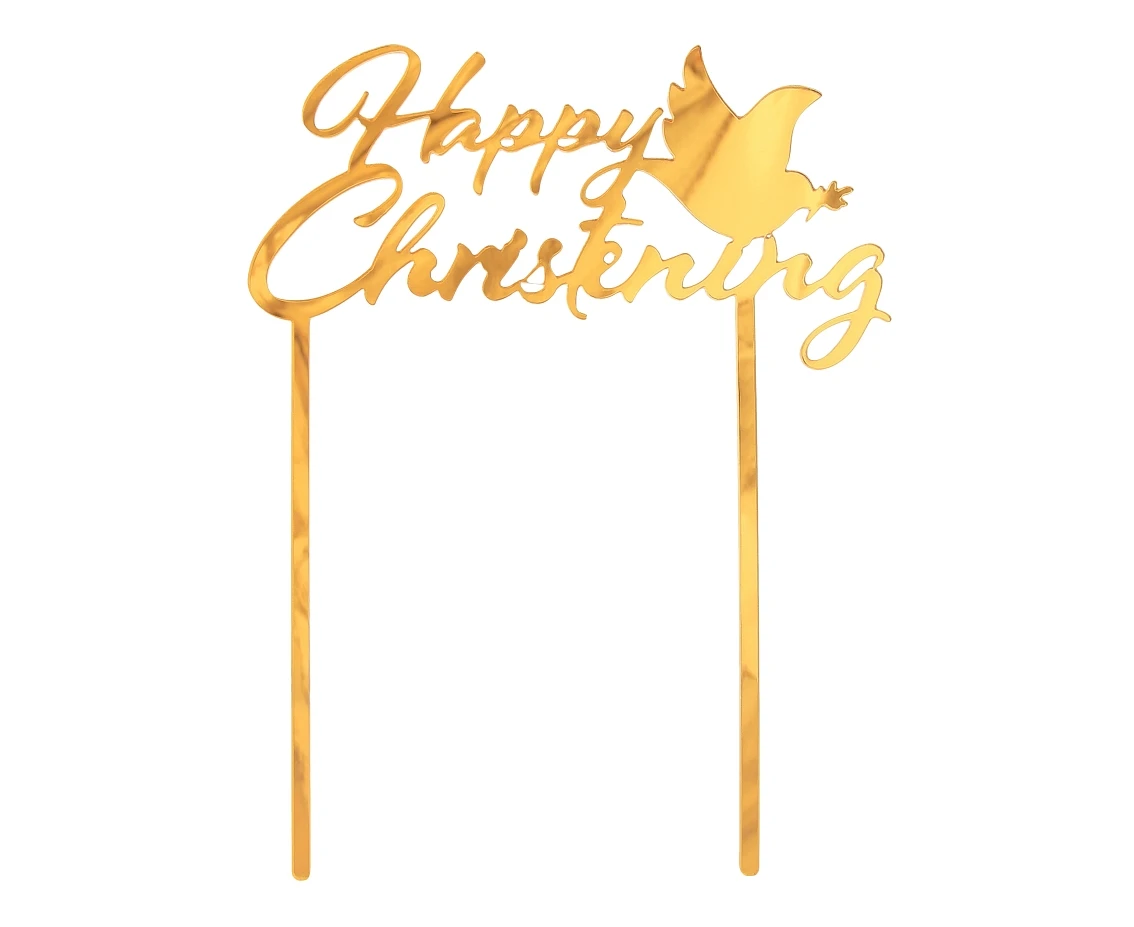 Acrylic cake topper Happy Christening, gold, 12x16 cm