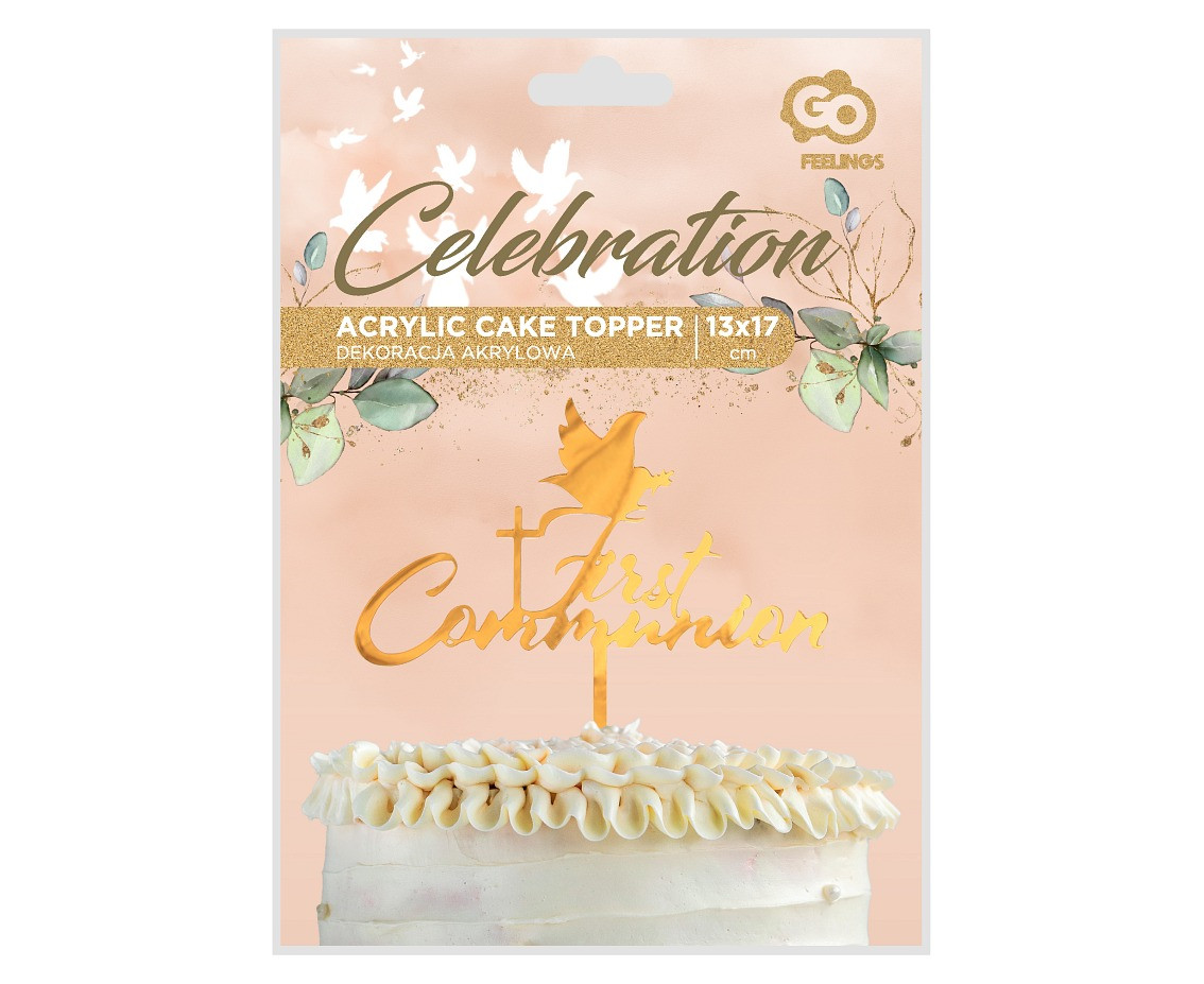 Acrylic cake topper First Communion, gold, 13x17 cm