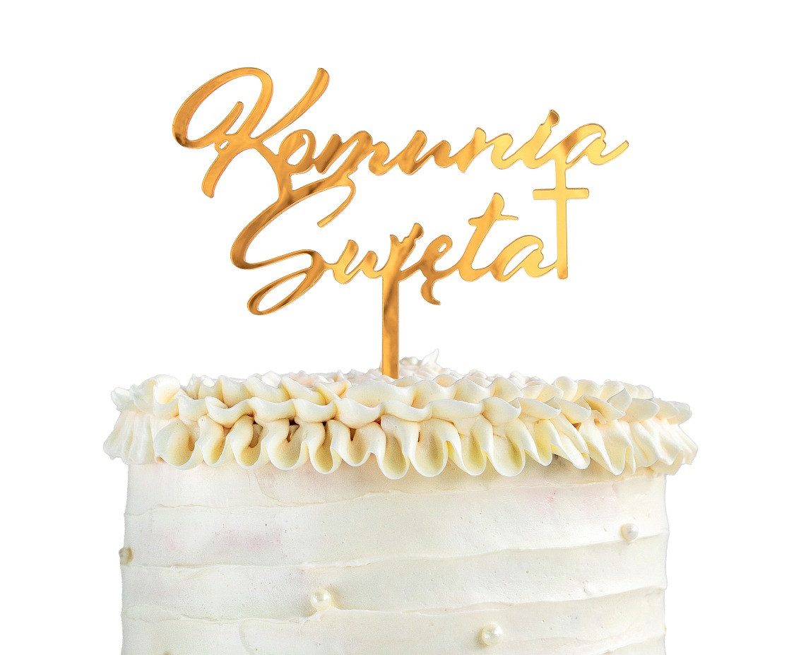 Acrylic cake topper Komunia Święta, gold, 18x14 cm