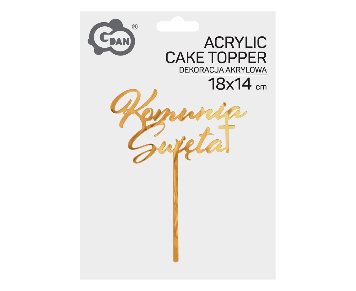 Acrylic cake topper Komunia Święta, gold, 18x14 cm
