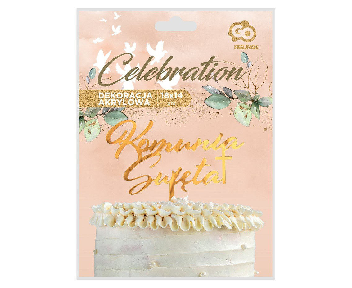 Acrylic cake topper Komunia Święta, gold, 18x14 cm