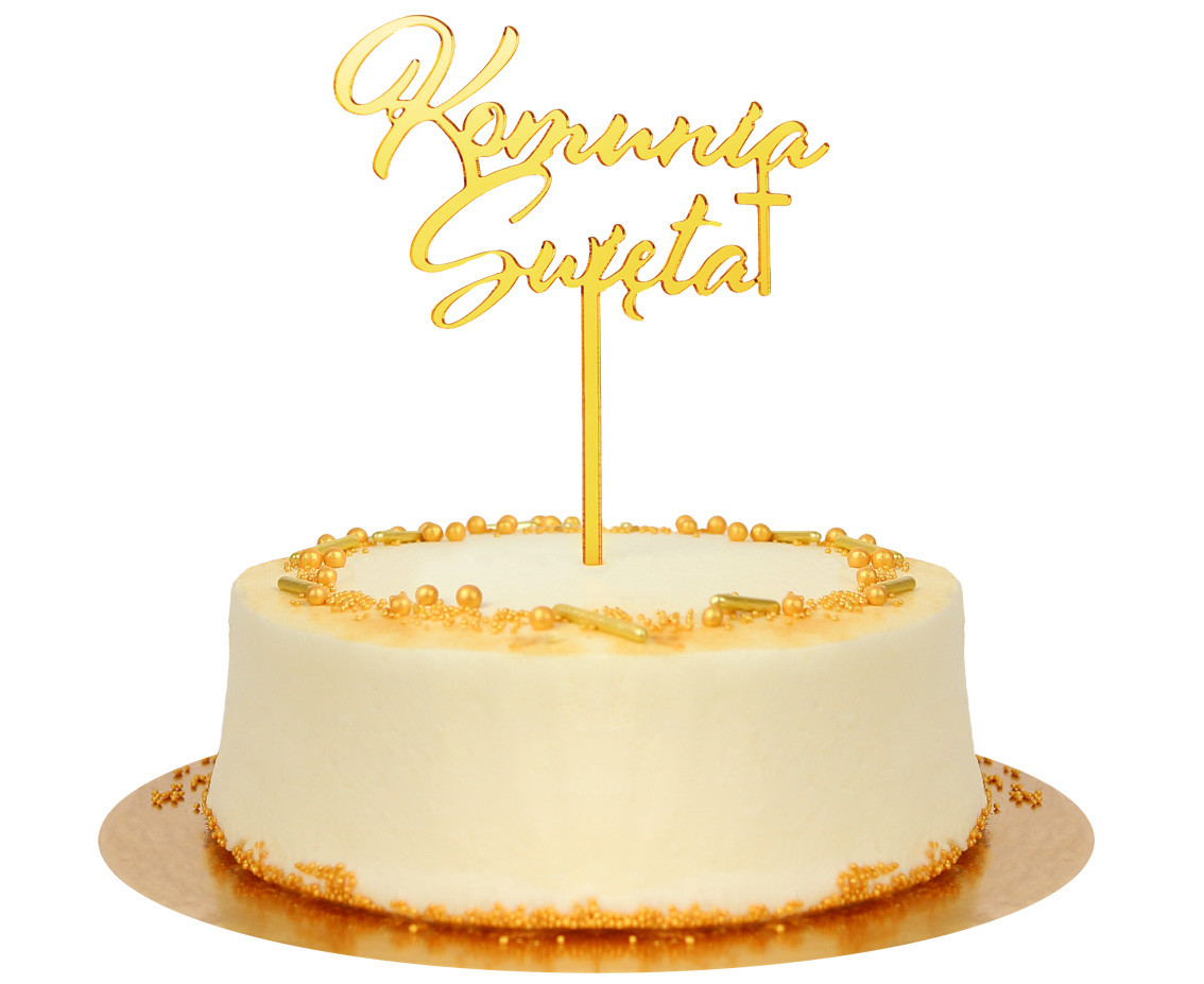 Acrylic cake topper Komunia Święta, gold, 18x14 cm