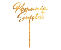 Acrylic cake topper Komunia Święta, gold, 18x14 cm