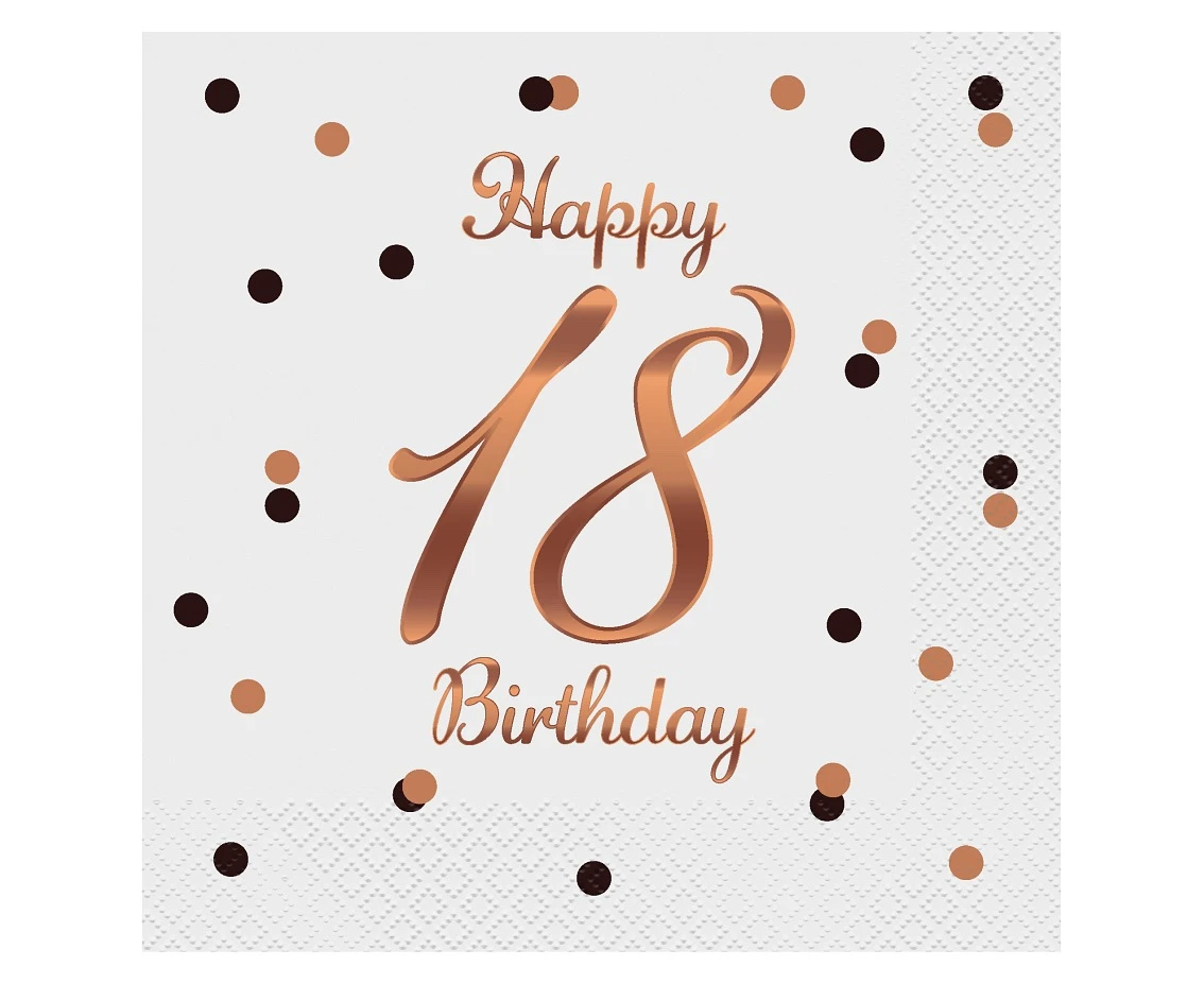 Paper napkins B&C Happy 18 Birthday, white (Rose gold print) 33 x 33 cm, 20 pcs.