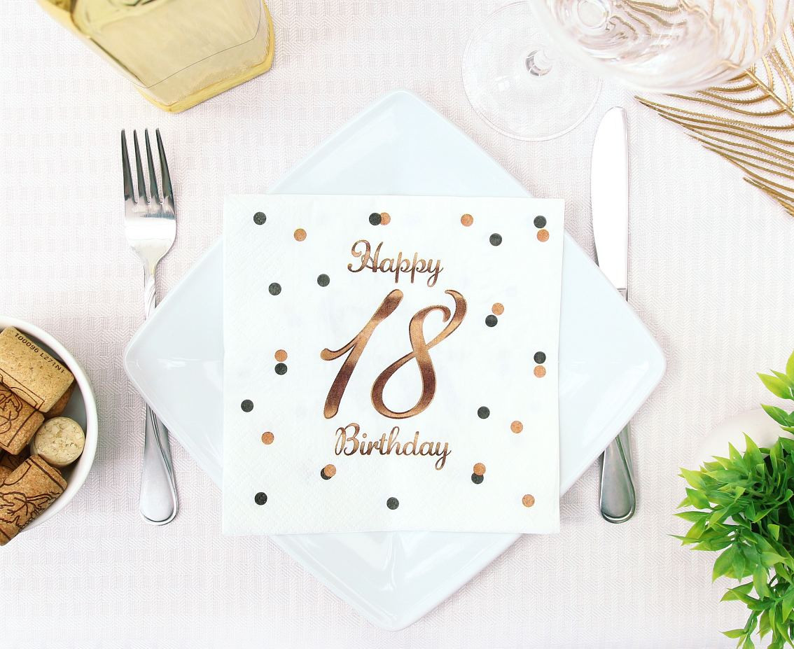 Paper napkins B&C Happy 18 Birthday, white (Rose gold print) 33 x 33 cm, 20 pcs.