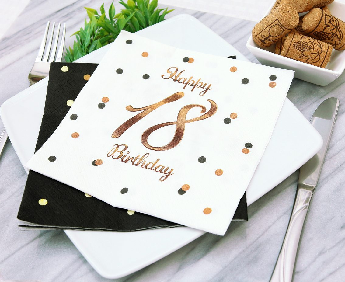 Paper napkins B&C Happy 18 Birthday, white (Rose gold print) 33 x 33 cm, 20 pcs.