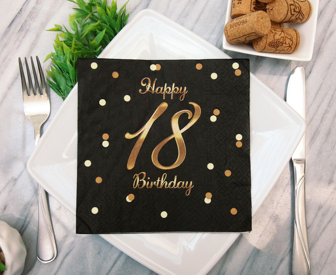 Paper napkins B&C Happy 18 Birthday, black (gold print) 33 x 33 cm, 20 pcs.