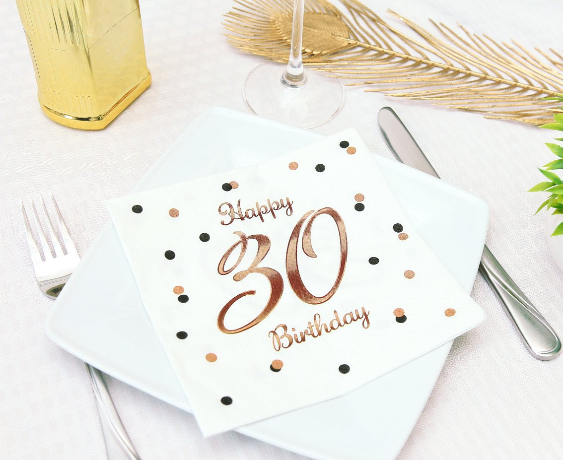 Paper napkins B&C Happy 30 Birthday, white (Rose gold print) 33 x 33 cm, 20 pcs.