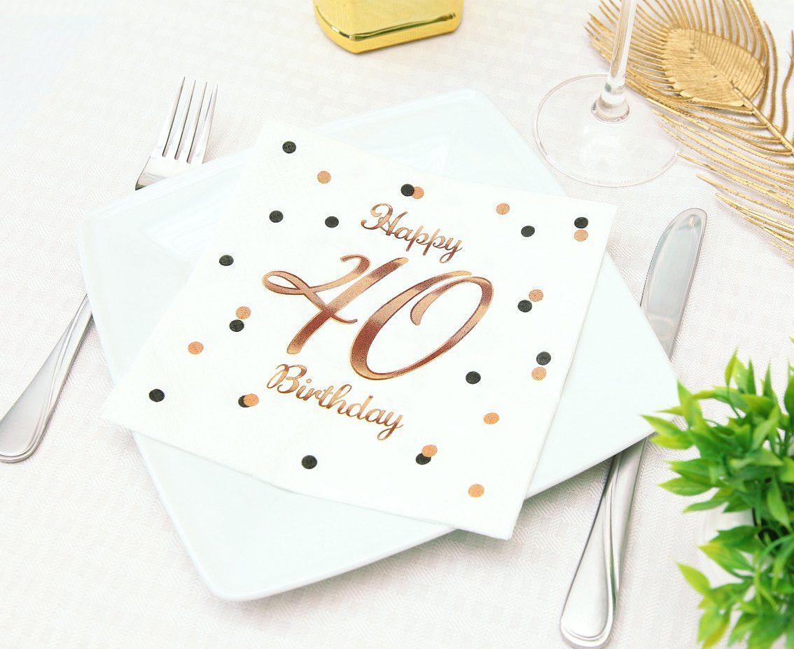 Paper napkins B&C Happy 40 Birthday, white (Rose gold print) 33 x 33 cm, 20 pcs.