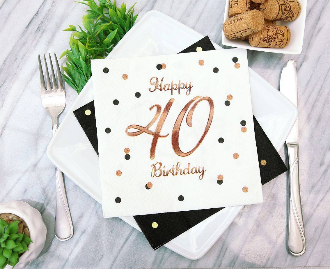 Paper napkins B&C Happy 40 Birthday, white (Rose gold print) 33 x 33 cm, 20 pcs.