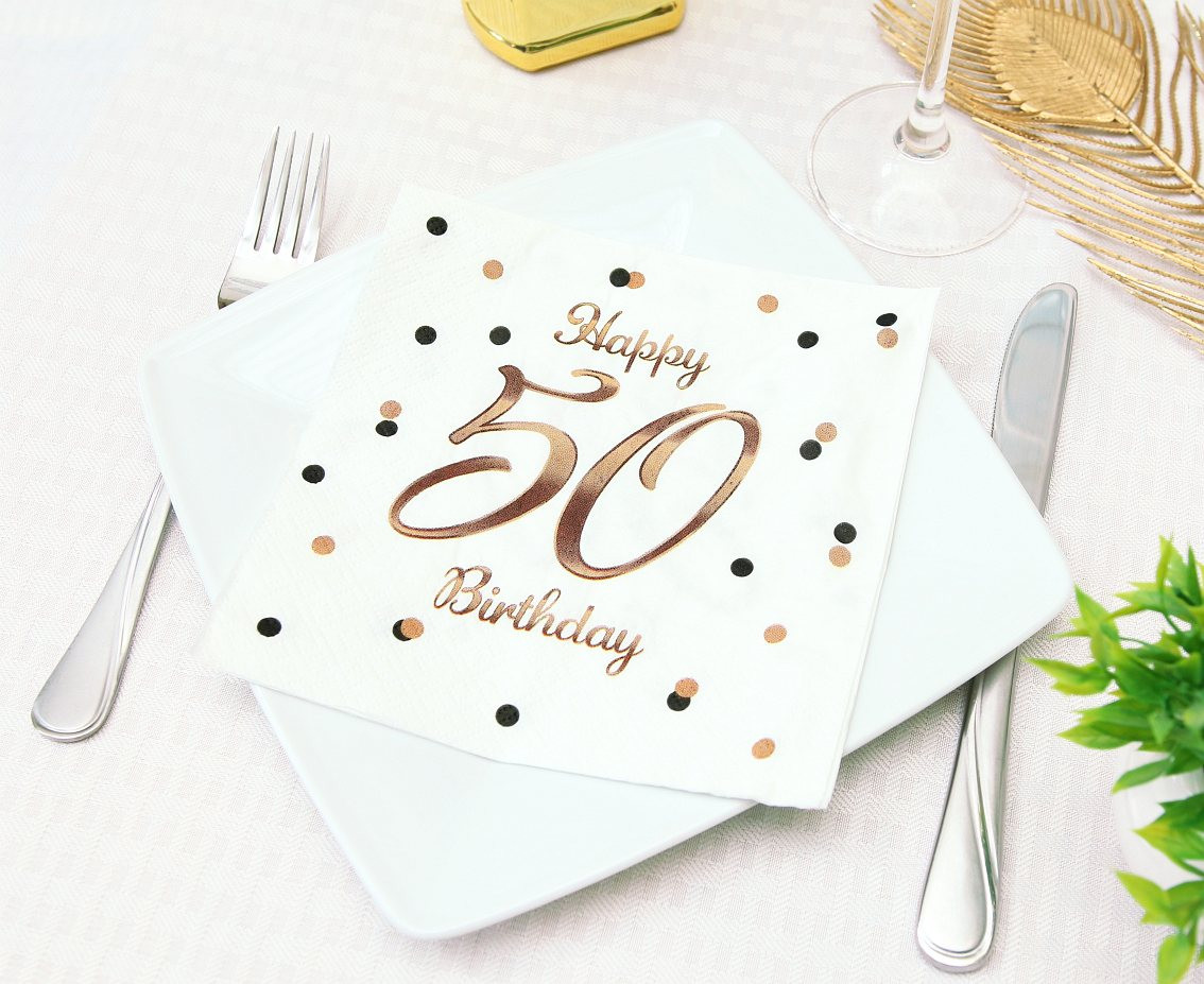 Paper napkins B&C Happy 50 Birthday, white (Rose gold print) 33 x 33 cm, 20 pcs.