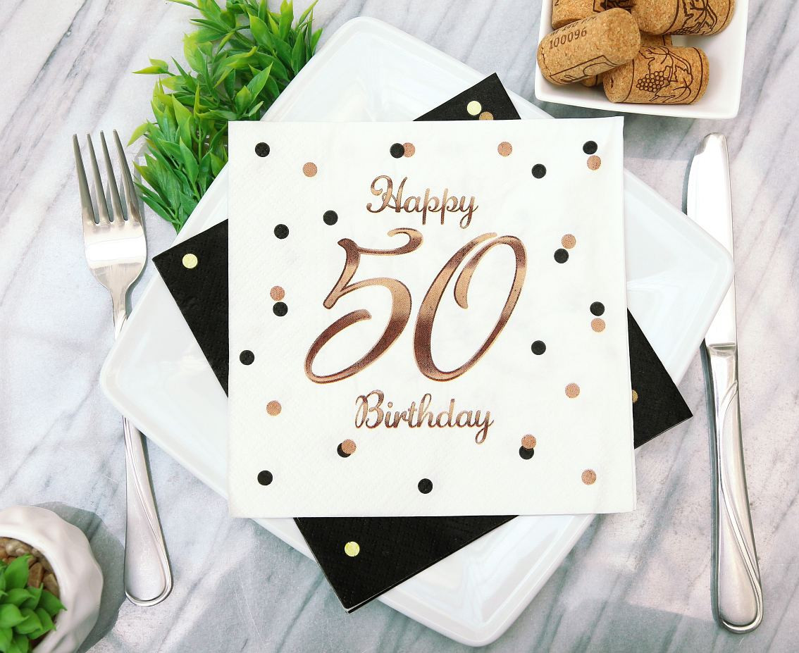 Paper napkins B&C Happy 50 Birthday, white (Rose gold print) 33 x 33 cm, 20 pcs.