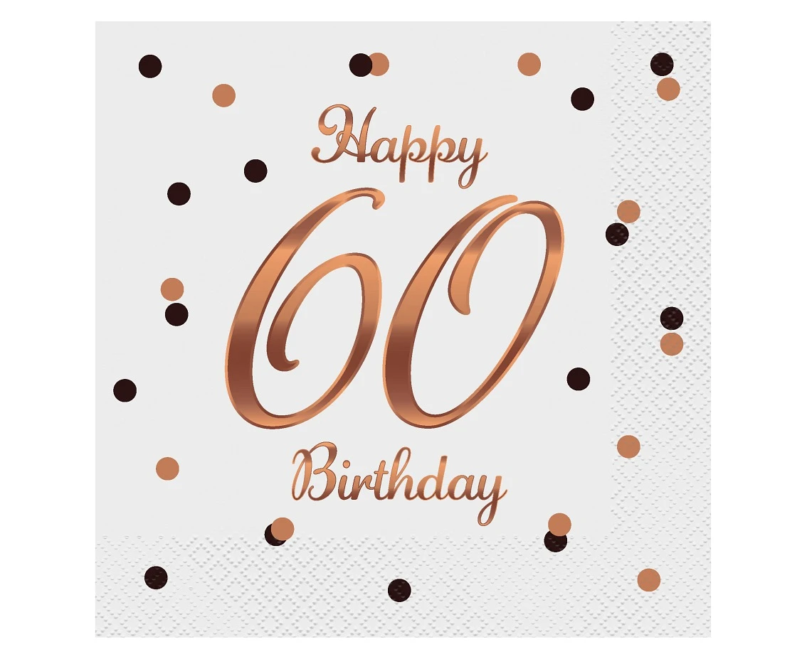 Paper napkins B&C Happy 60 Birthday, white (Rose gold print) 33 x 33 cm, 20 pcs.